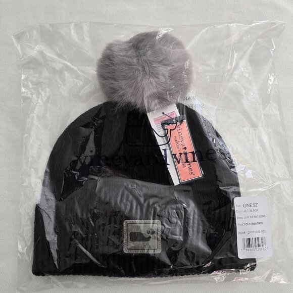 Vineyard Vines Cold Weather Black Luxe Rib Knit Beanie Hat Grey Pom Pom NEW - Picture 2 of 3